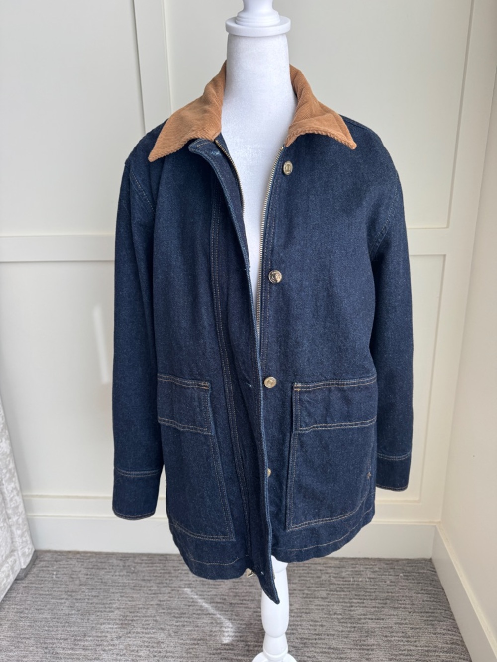 Reformation Navy Denim Field Jacket with Brown Corduroy Collar - Picture 4 of 12